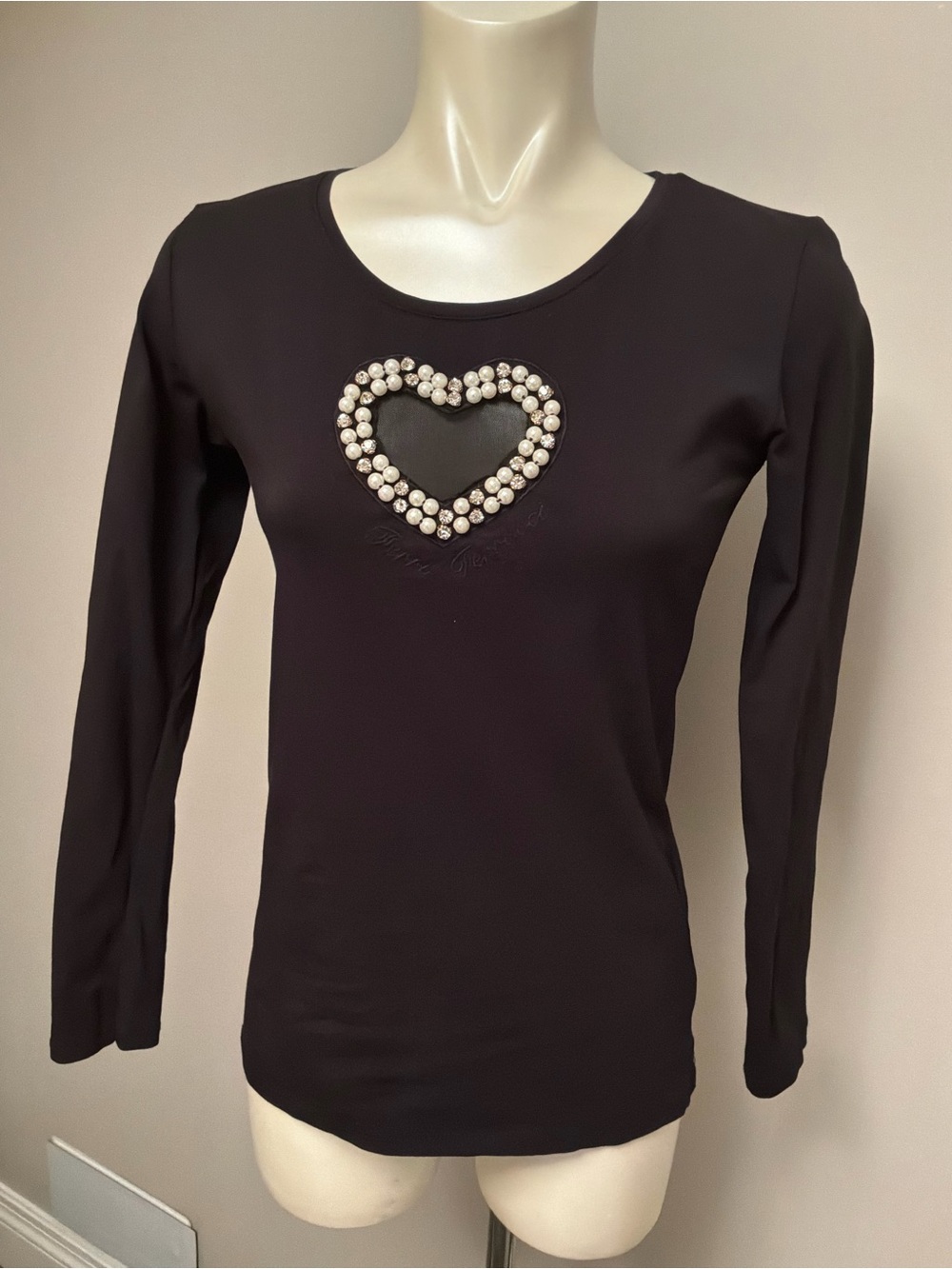 Black Long-Sleeve Tee with Pearl Heart Detail